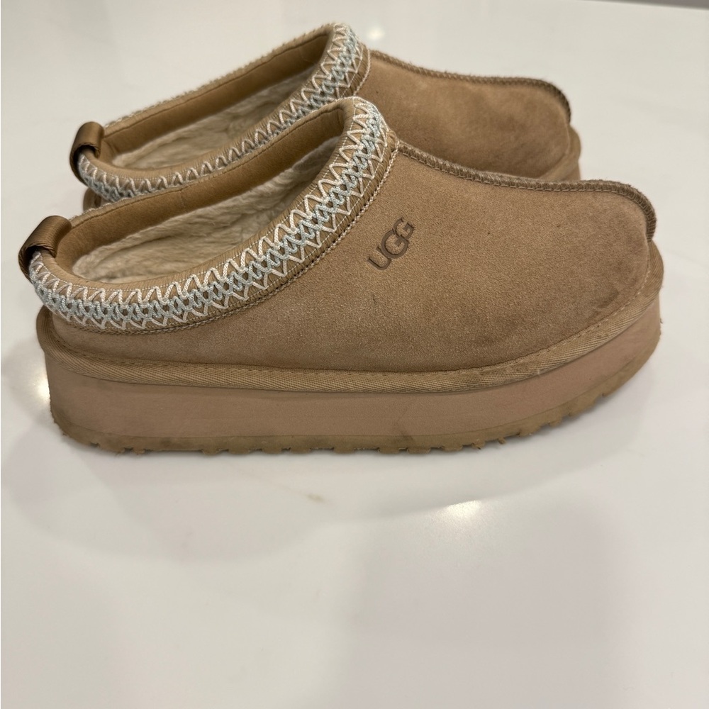 UGG Taz Tan Suede Cozy Slip-Ons with platform bottom